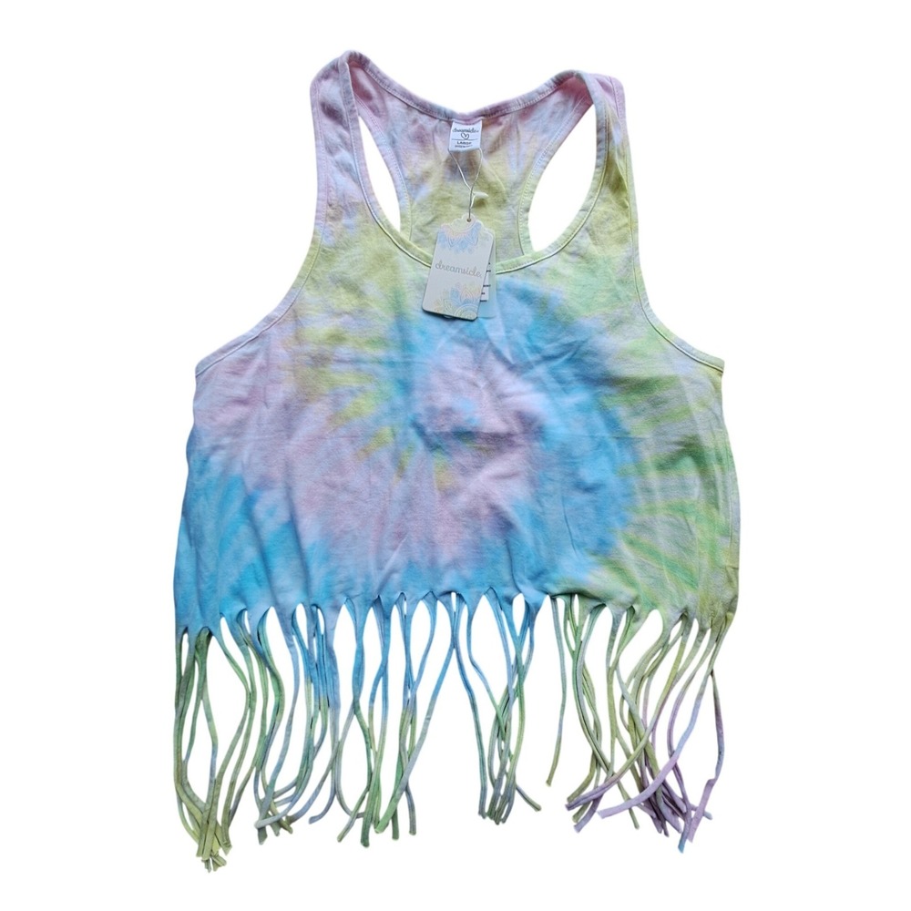 Dreamsicle Womens Tie Dye Fringe Tank‎ Top Large Pastel Racerback Crop NWT